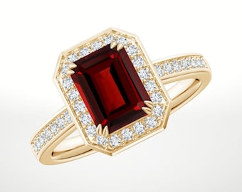 Emerald Cut Garnet Ring with Moissanite Halo Ring 14K Yellow Gold Prong Set Engagement Ring for Women January Birthstone Jewelry
