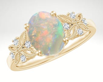 Vintage Opal Ring, 14K Yellow Gold Butterfly Band, Moissanite Leaf Cutwork