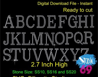 May include: A digital download file featuring the alphabet in capital letters, each letter composed of sparkling rhinestones. The letters are 2.7 inches high. The image includes the text "Ready to cut" and file format options.