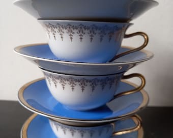 Art déco milieu du siècle 1930-1950, allemand Zeh Scherzer&Co Bavaria W-Germany, tasses (4) et soucoupes (4), bleu roi et or déroutants