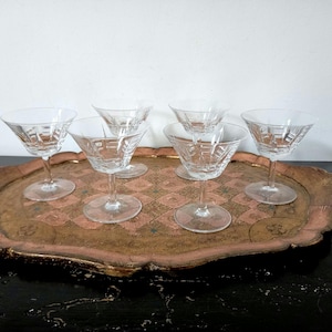 Save30%! Fabulous Fancy French Mid Century Collection of 6 Cut Crystal Stem Coupe Glasses, Etched, Champagne-Cocktail-Martini Coupe Glasses