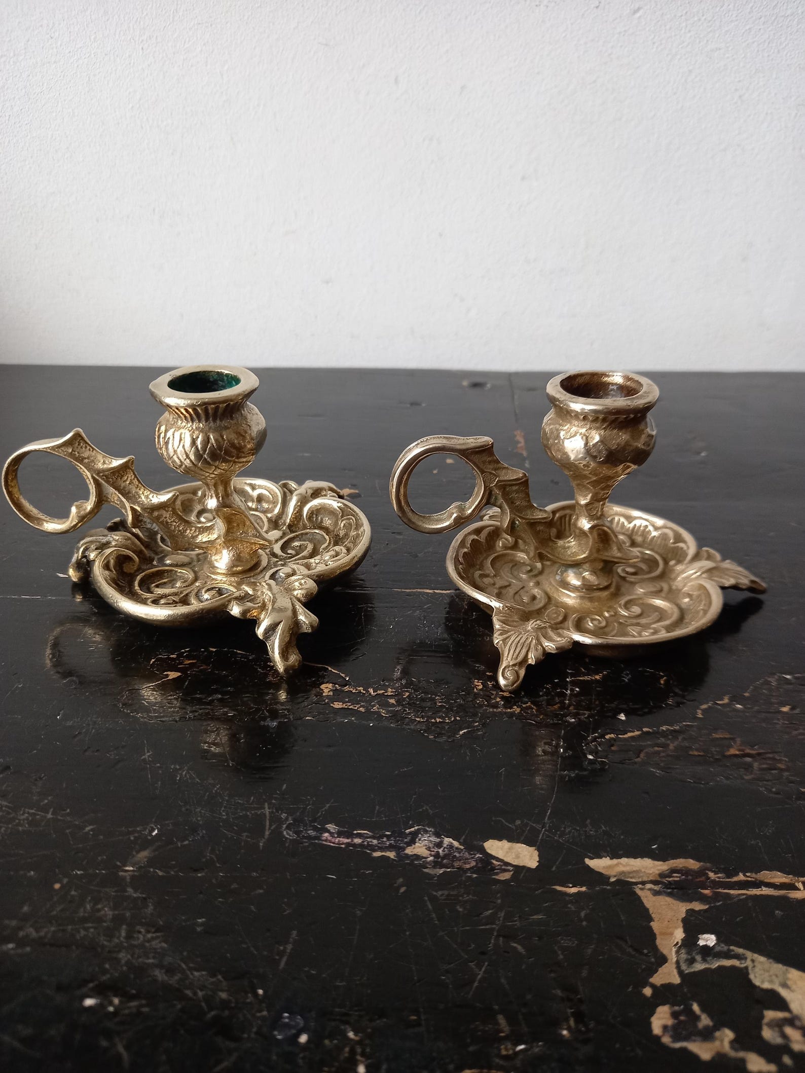 Lovely Vintage Art Nouveau style Scottish Brass Thistle Chamber Stick Candle Holders,Thistle Leaf Handle Bud top, solid cast brass&bronze