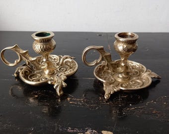 Beau bougeoir de chambre en laiton écossais de style Art nouveau vintage, chardon, poignée en forme de feuille de chardon, laiton moulé massif et bronze