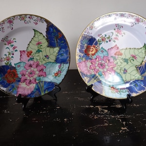 Peut inclure: Deux assiettes rondes en céramique avec un centre blanc et une bordure décorative dorée. Le motif présente de grandes fleurs et feuilles colorées dans des tons de rose, vert clair et bleu profond, avec de petits détails floraux sur le bord.