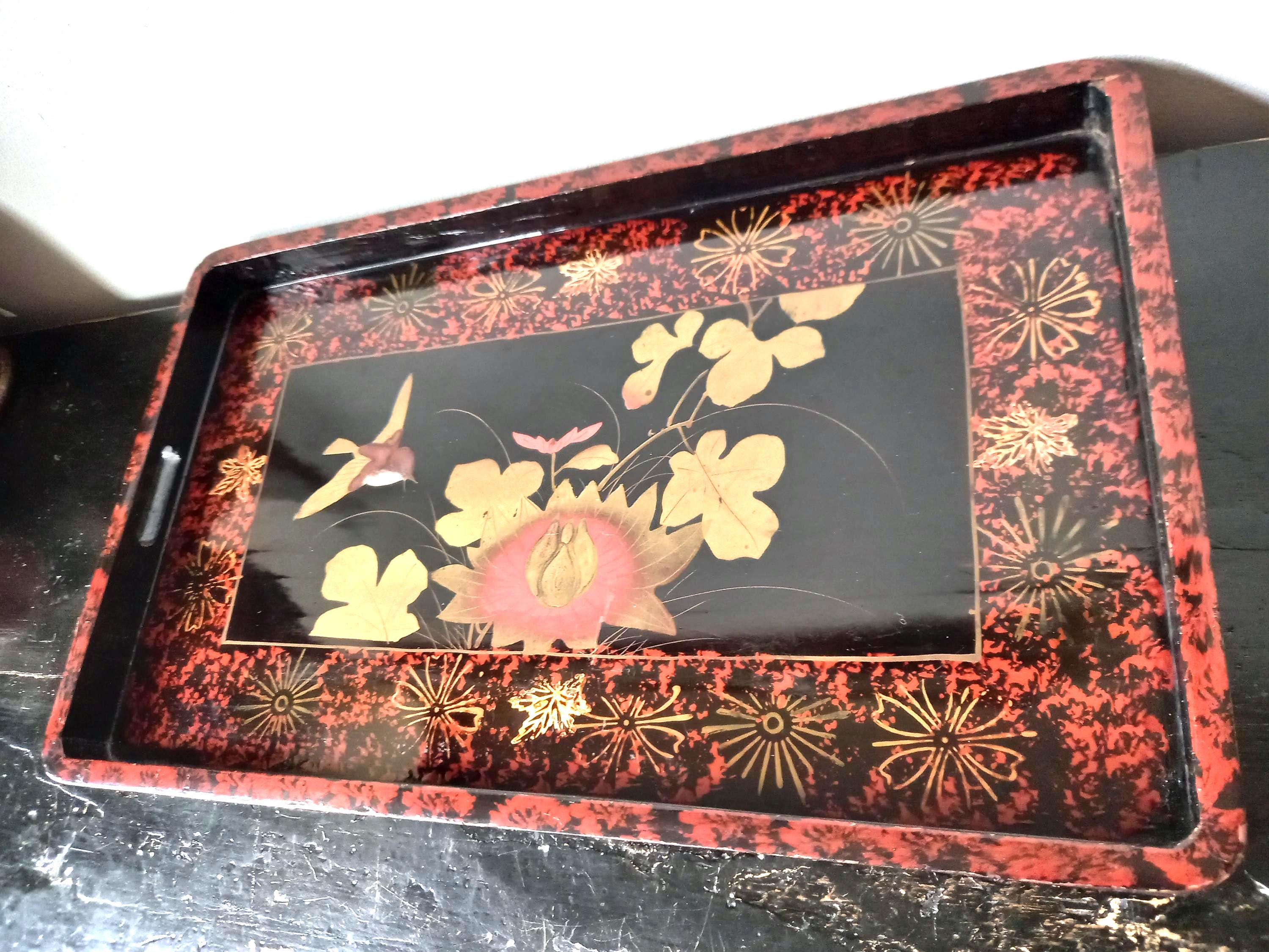 シノワズリ壁飾り輸入家具アジア雑貨鯉蓮アンティーク漆塗り