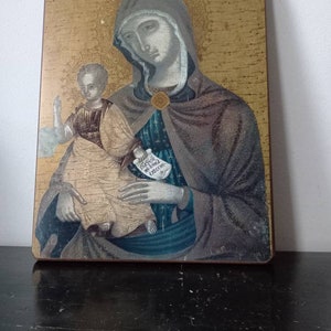 Mid Century Italian wooden printed icon with Madonna and Child,Florentine style, 1950s-1960s,Renaissance,Medieval Tuscany,replica art