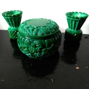 Exquisite Art Deco Czech Malachite Glass Set,Trinket Box,2 mini Vases,embossed foral and geometric relief,Curt Schlevogt 1930-1960
