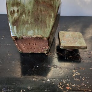 Rare Vintage Mid Century Dutch Ceramic Handcrafted Terracotta Green Glazed Carafe Design with Stopper, unique and eye-catching image 6
