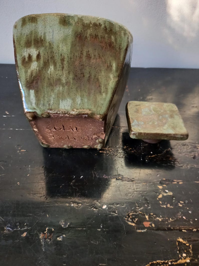 Rare Vintage Mid Century Dutch Ceramic Handcrafted Terracotta Green Glazed Carafe Design with Stopper, unique and eye-catching image 6