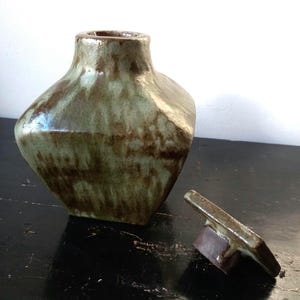 Rare Vintage Mid Century Dutch Ceramic Handcrafted Terracotta Green Glazed Carafe Design with Stopper, unique and eye-catching image 1