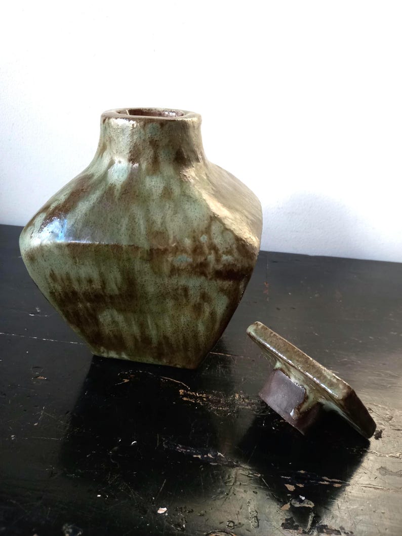 Rare Vintage Mid Century Dutch Ceramic Handcrafted Terracotta Green Glazed Carafe Design with Stopper, unique and eye-catching image 1