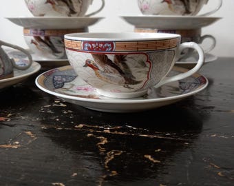 Rare Exceptional Antique Japanese Geisha Eggshell Porcelain 6 Cups and 6 Saucers,baffling fine art decorations,lotus,geese,pond,peon