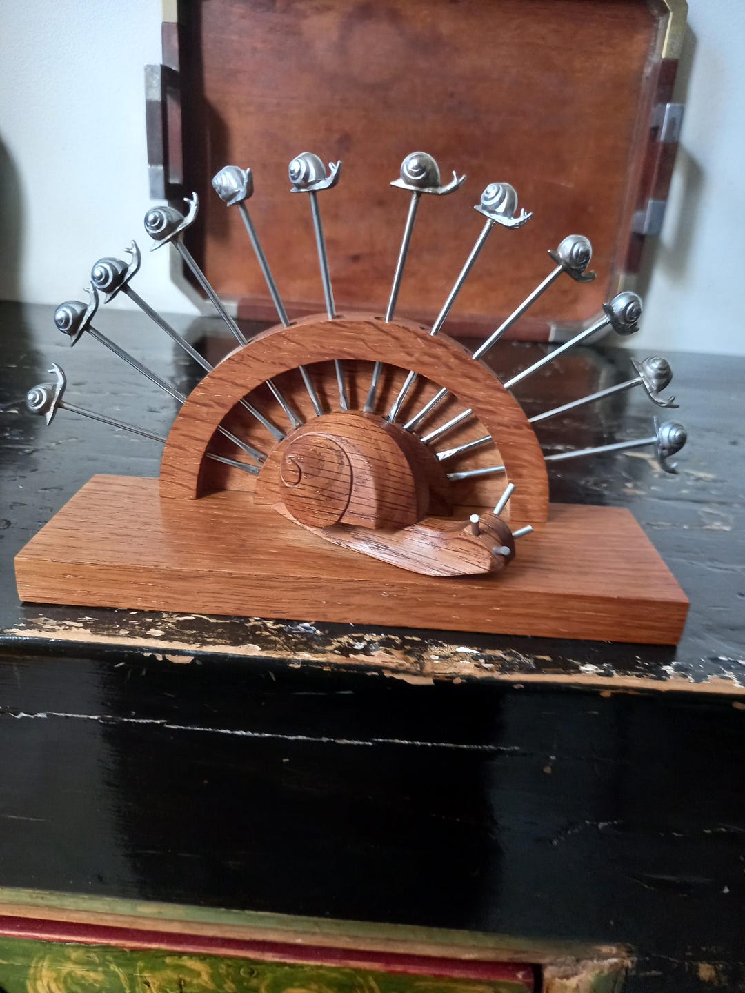French Mid Century Art Deco Snail Cocktail Picks Holder&12 Forks,wooden ...