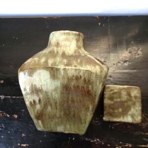 Rare Vintage Mid Century Dutch Ceramic Handcrafted Terracotta Green Glazed Carafe Design with Stopper, unique and eye-catching image 7