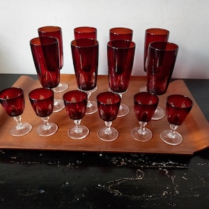 Save25%! Marvellous Collection Mid Century Ruby Red Cut-to-clear Crystal Stemware,champagne flutes,cordials,Gothic Cristal d&#39;Arques-Durand