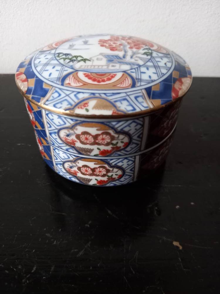 Charming Vintage Ceramic Porcelain Stacking Box Set Collectible OMC  Japanese Round Tiered Box Stackable Box Bento Box Imari Design 