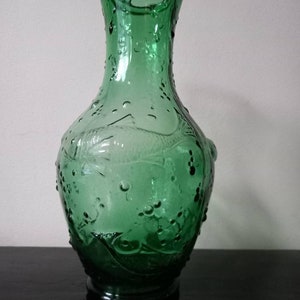 Mid Century Empoli Emerald Green molded glass vase,fish and water bubbles relief decor,embossed,textured glass,Italy,1950-1970