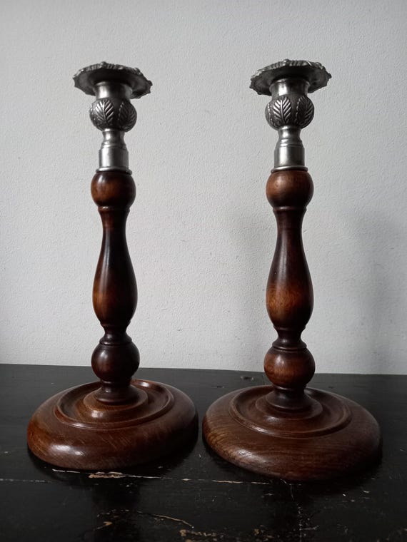 Beautiful Pair of Antique Oak Candlesticks/holders, England, 1940s