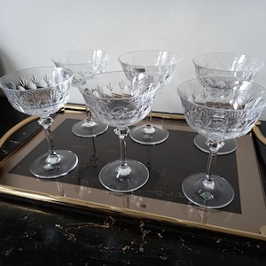 Fabulous Fancy German Klingenbrunn Kristalglas Mid Century Collection of 6 Cut Crystal Tall Stem Champagne Sherbet Coupe Glasses