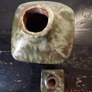 Rare Vintage Mid Century Dutch Ceramic Handcrafted Terracotta Green Glazed Carafe Design with Stopper, unique and eye-catching image 5