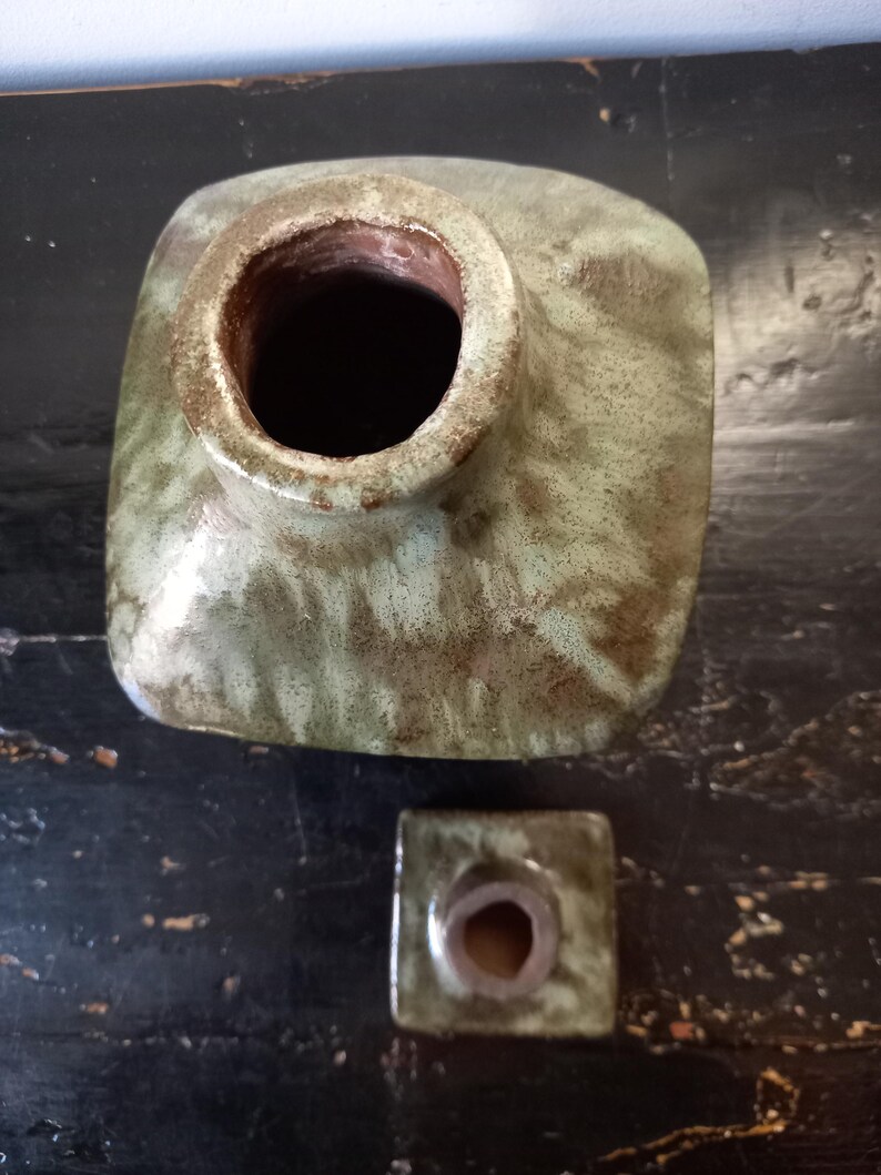 Rare Vintage Mid Century Dutch Ceramic Handcrafted Terracotta Green Glazed Carafe Design with Stopper, unique and eye-catching image 5