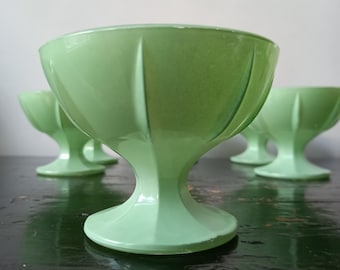 Marvellous Art Deco Collection of 6 Rare French Jadeite Glass Stemware,sherbet coupes,mint green,Portieux Valerysthal style,1930s-50s