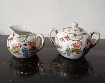 Mid Century Japanese Porcelain Creamer Set, Sugar Bowl,milk