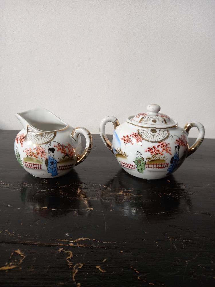 Mid Century Japanese Porcelain Creamer Set, Sugar Bowl,milk