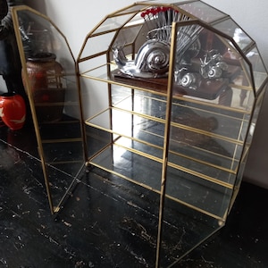 Könnte beinhalten: Eine Vitrine aus Glas mit goldenem Rahmen und vier Regalen. Die Vitrine ist geöffnet und hat eine silberne Schneckenfigur auf dem obersten Regal.