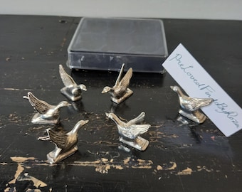 Vintage French Silver Plated Metal Flying Duck Goose Swan Shaped Knife or Chopsticks Rests&Menu Card Holders,vintage 1970s-80s table decor