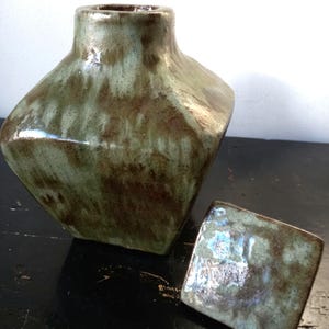 Rare Vintage Mid Century Dutch Ceramic Handcrafted Terracotta Green Glazed Carafe Design with Stopper, unique and eye-catching image 4