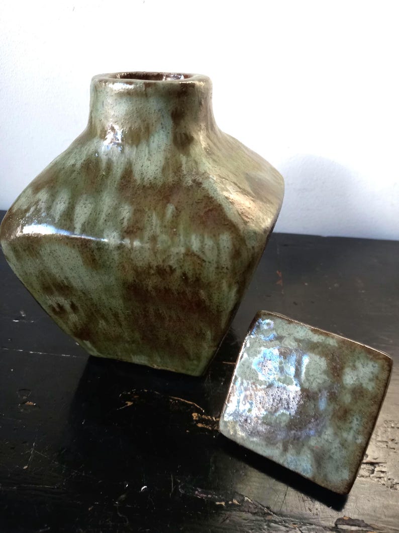 Rare Vintage Mid Century Dutch Ceramic Handcrafted Terracotta Green Glazed Carafe Design with Stopper, unique and eye-catching image 4