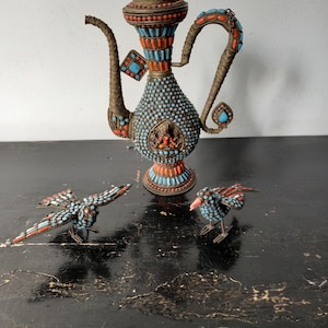 Rare and Original Tribal Antique Handcrafted Tibetan Coral Turquoise Inlays Bronze Brass Copper Pitcher Pot&Bird Figurines Craftsmanship