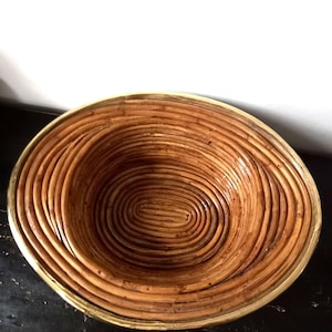Mid Century Modern large brass-bamboo-rattan bowl, rare basket, Gabriella Crespi style,Italy,1970s,brass trim,handmade centerpiece