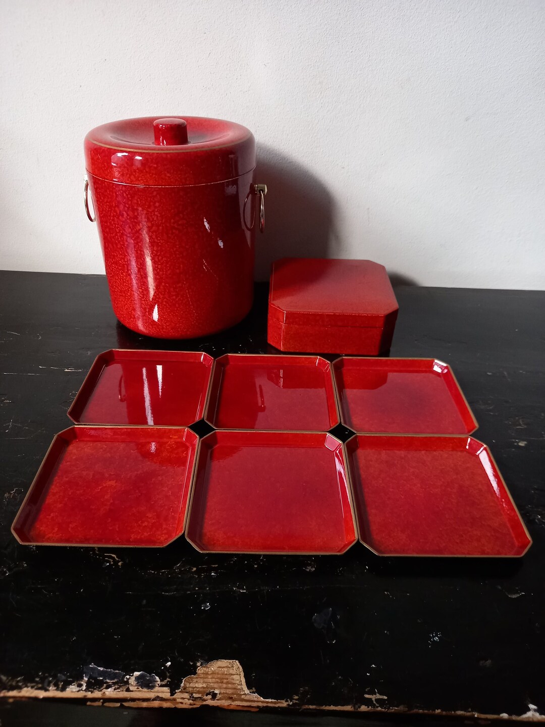 Mid Century Modern Japanese Ice Bucket&coastersorange-red - Etsy Australia