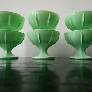 Marvellous Art Deco Collection of 6 large Rare French Jadeite Glass Stemware,sherbet coupes,mint green,Portieux Valerysthal style,1930s