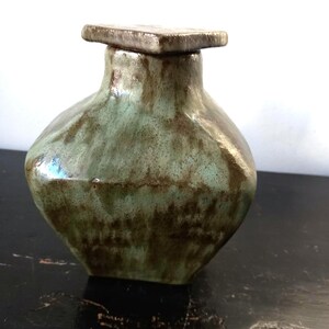 Rare Vintage Mid Century Dutch Ceramic Handcrafted Terracotta Green Glazed Carafe Design with Stopper, unique and eye-catching image 3