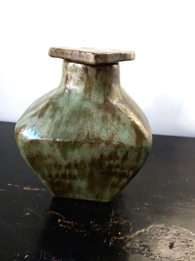 Rare Vintage Mid Century Dutch Ceramic Handcrafted Terracotta Green Glazed Carafe Design with Stopper, unique and eye-catching image 3