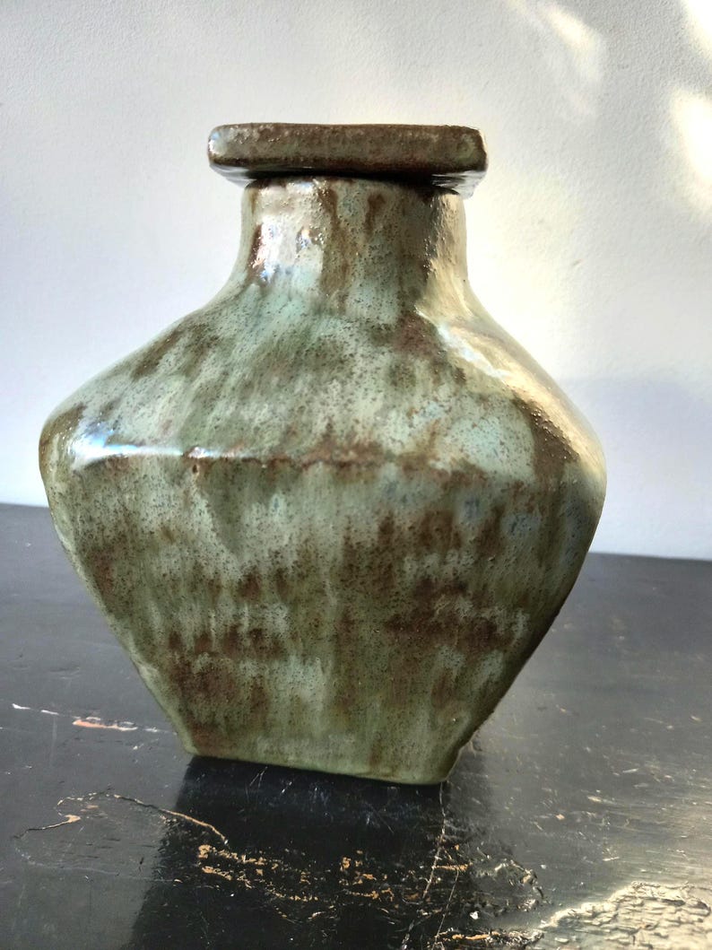 Rare Vintage Mid Century Dutch Ceramic Handcrafted Terracotta Green Glazed Carafe Design with Stopper, unique and eye-catching image 2