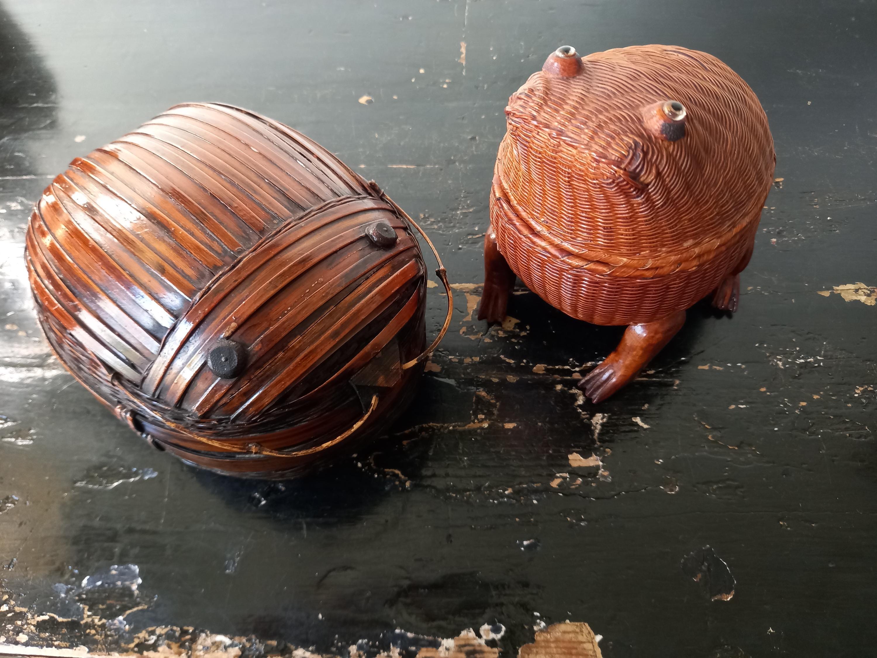 小物 neo used vintage MC Rare Woven Wicker Whimsical Toad/frog&bamboo Beetle Lidded