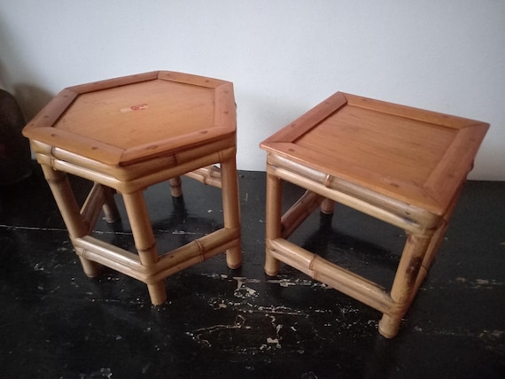 Mid Century Modern Compact Chinoiserie Shanghai Handicraft quality bamboo side tables, plant tables, hexagonal and square shape low tables