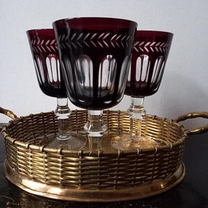 Save20%! Marvellous Collection Mid Century Ruby Red Cut-to-clear high quality Crystalite Stemware,wine glasses,deep maroon red,craftsmanship
