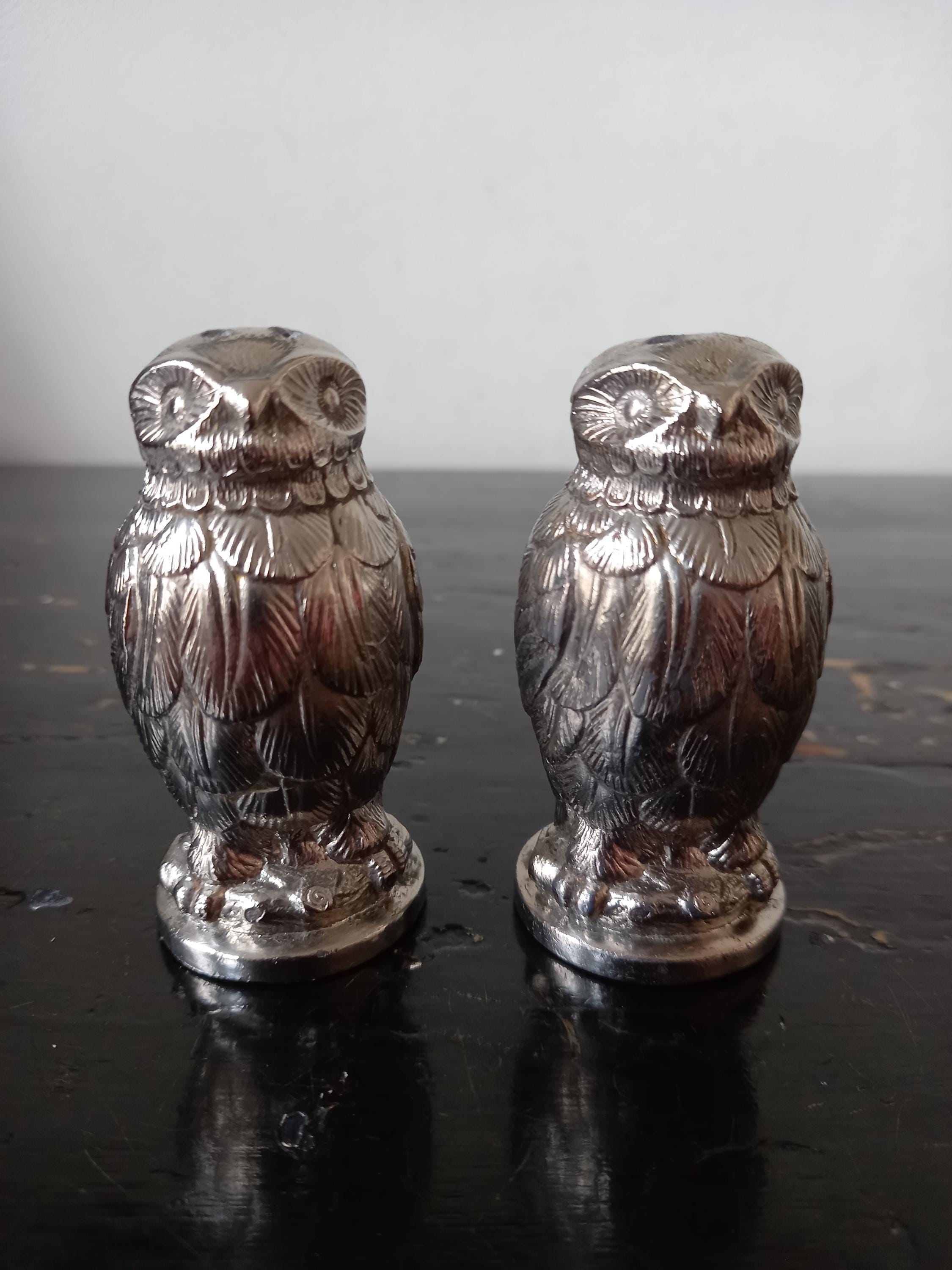 Rare Mid Century Zoomorphic Silver Plated Metal Owl Figurine Salt&Pepper Shakers in the style of