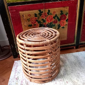 Save30%! Mid Century Modern large circular Bamboo-Rattan-Wicker stool or side table, double seperated bent bamboo-rattan ribs,Italy 1960s