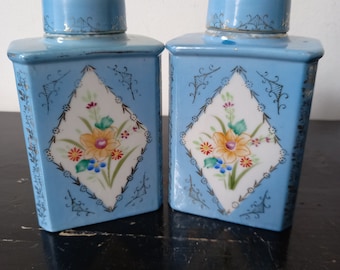 Rare Antique Paris France Porcelain Tea Caddies,Lidded Jars Cannisters,slightly octagonal,blue,white-gold decor,Victorian Rococo 1900