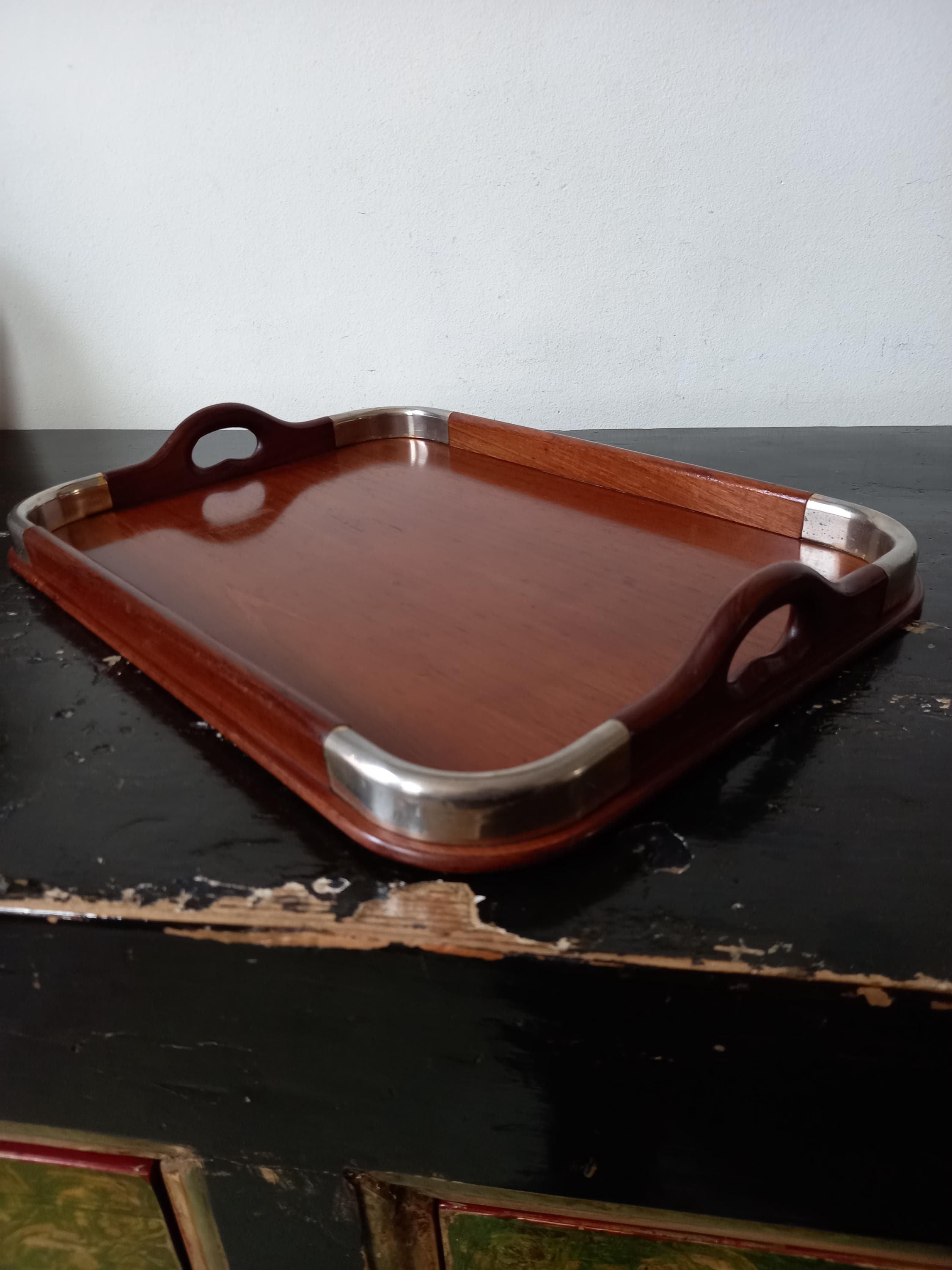 Antique French Art Deco 1950s Wooden Serving Tray With Handles and