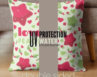 Indoor/Outdoor Pillow Cushions, Home Decor, Christmas Love Peace + Joy Pillow, Small 16"x16" & Large 20"x20", Holly, Star, Heart-Double Side