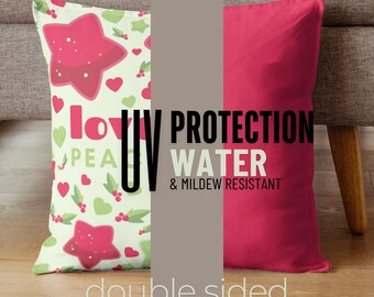 Indoor/Outdoor Pillows, Home Decor, Christmas Love Peace + Joy Pillow, Double Sided with Fuchsia Flip Side, Small 16"x16" & Large 20"x20"