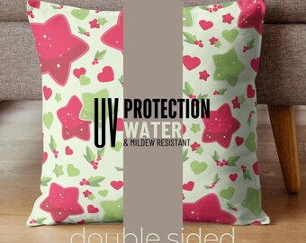Indoor/Outdoor Pillows, Home Decor, Christmas Small 16"x16" & Large 20"x20" Size, Holly Star Heart Double Sided Cushions