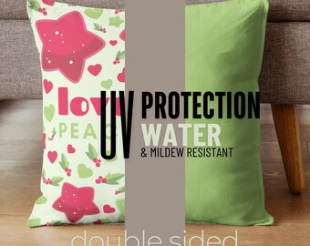 Indoor/Outdoor Pillows, Home Decor, Christmas Love Peace + Joy Pillow, Double Sided with Green Flip Side, Small 16"x16" & Large 20"x20" Size